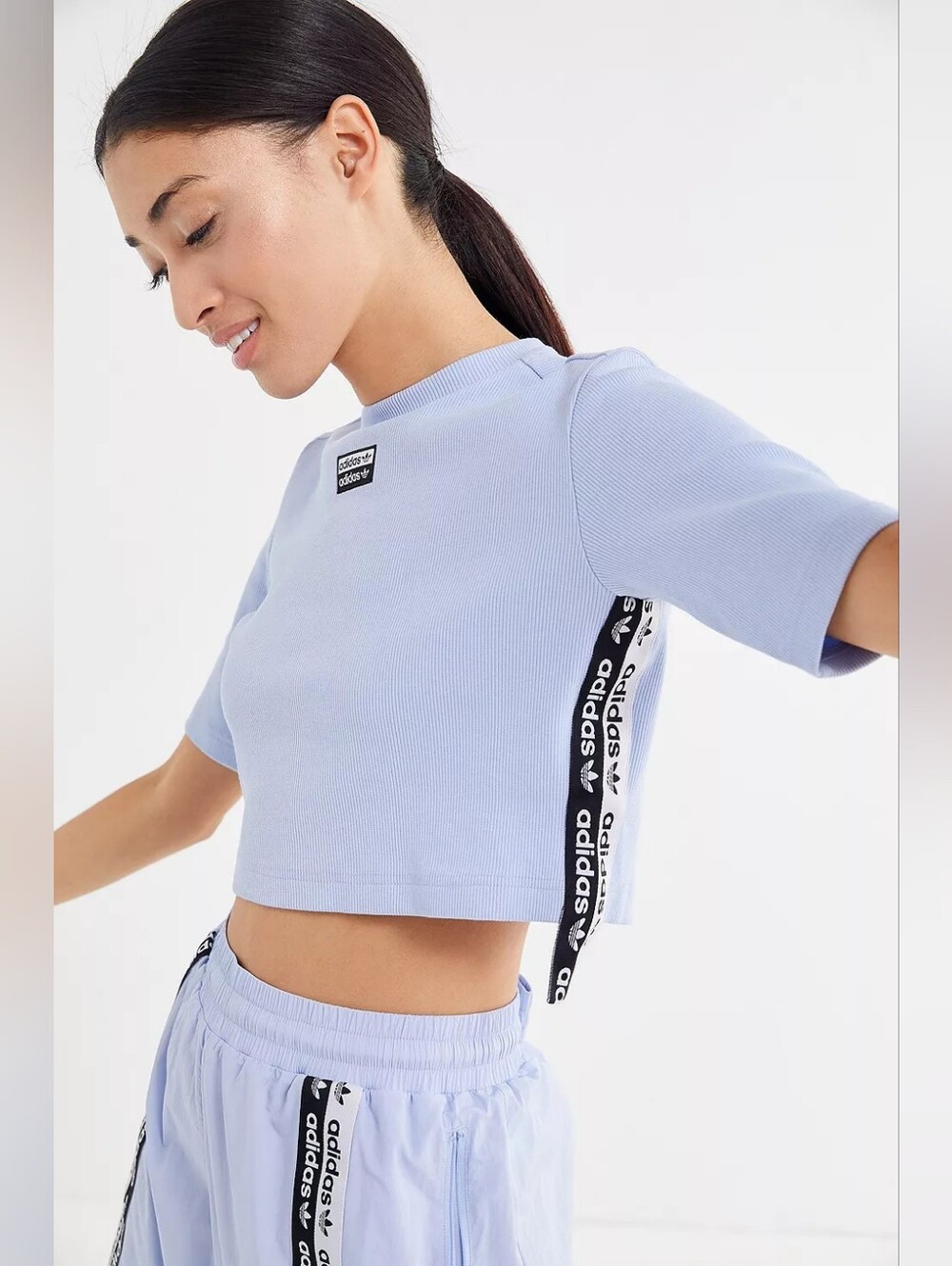 Adidas Originals Ribbed Crop Top with Side Tape Logo - Light Blue - XS
